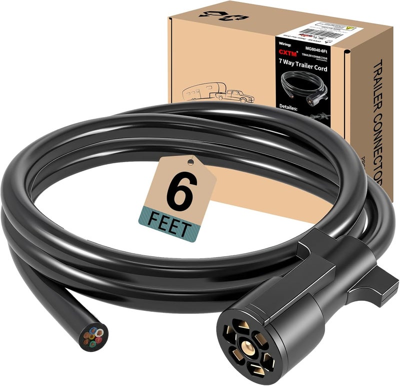 CXTM 7 Way Trailer Cord 7 Way Trailer Plug Inline Cord Wire Harness Double Prongs Connector 7 pin Trailer Wiring Harness 6 Feet for Camper Blade Molded RV Wire(6ft) - Image 1